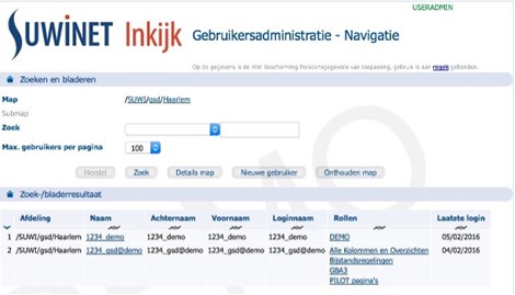 Navigatiepagina van de Gebruikersadministratie